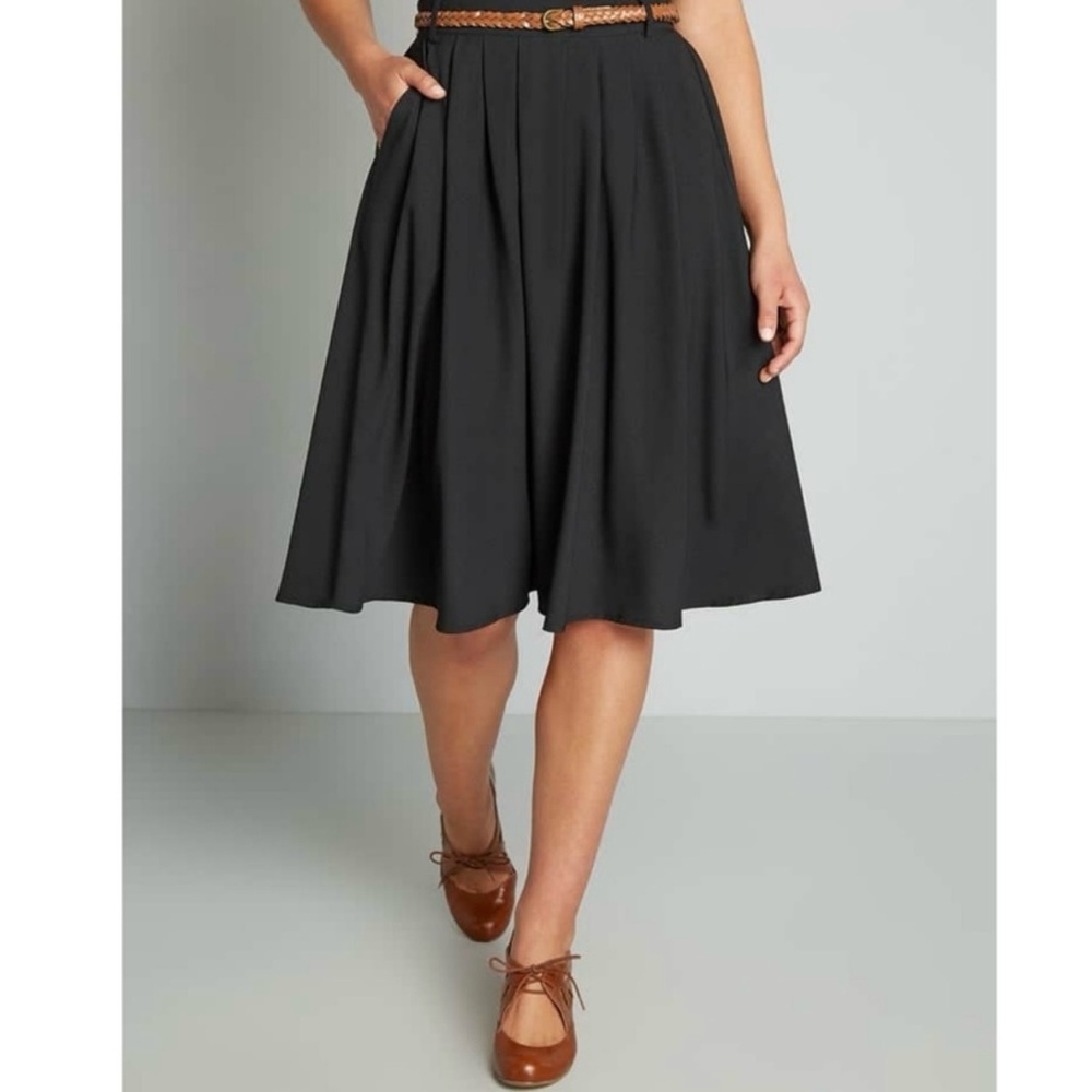 Modcloth Black Midi Skirt with Brown Braided Belt